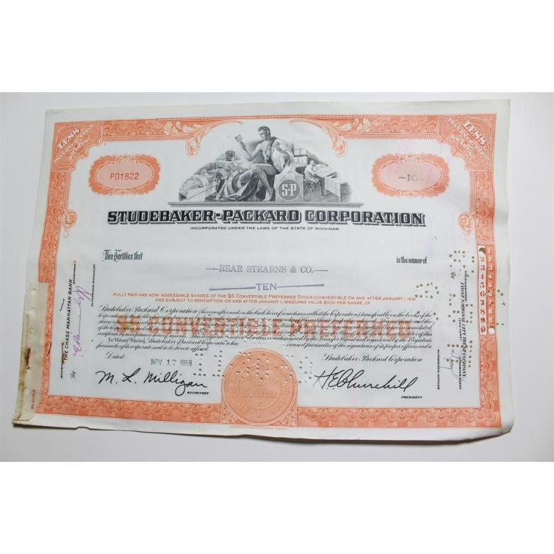 1959 Studebaker-Packard Corporation Stock Certificate 10 Shares P01822
