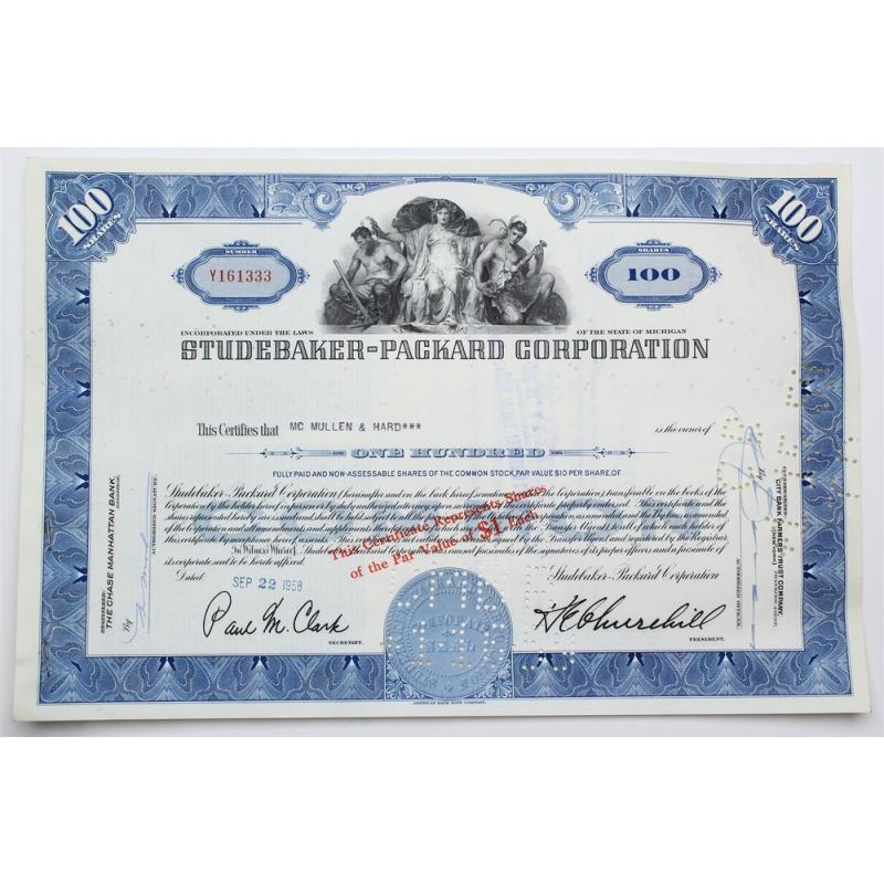 1958 Studebaker-Packard Corporation Stock Certificate - Y161333 - 100 Shares