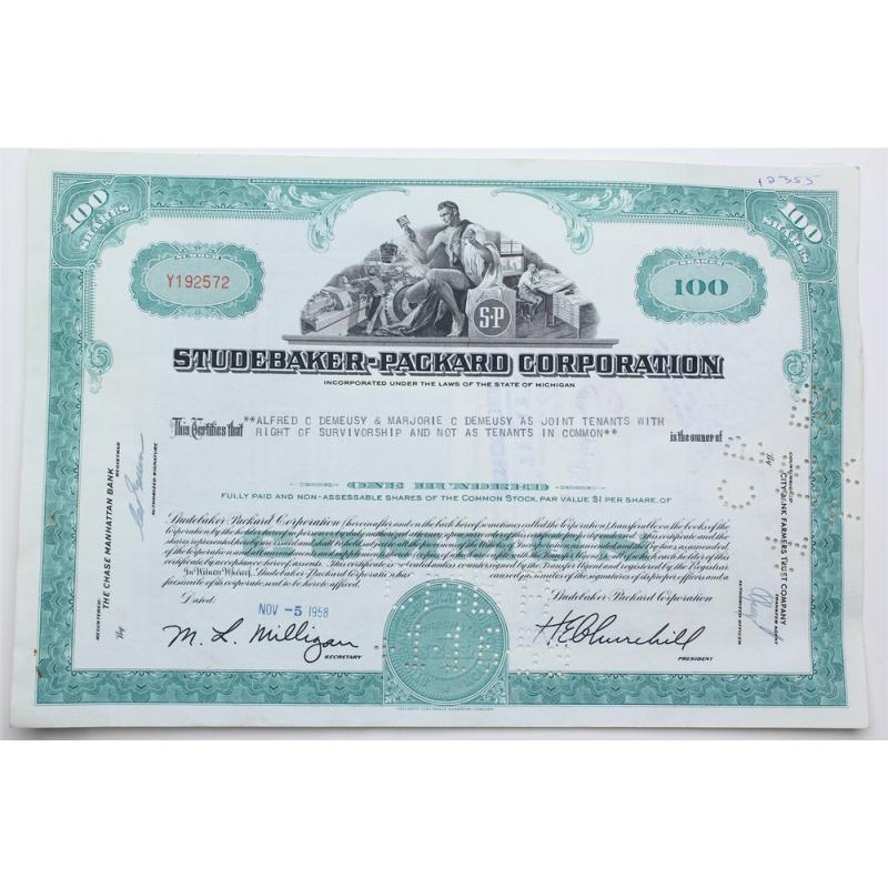 1958 Studebaker-Packard Corporation Stock Certificate - Y192572 - 100 Shares