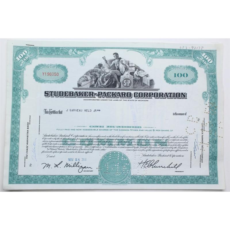 1958 Studebaker-Packard Corporation Stock Certificate - Y196050 - 100 Shares