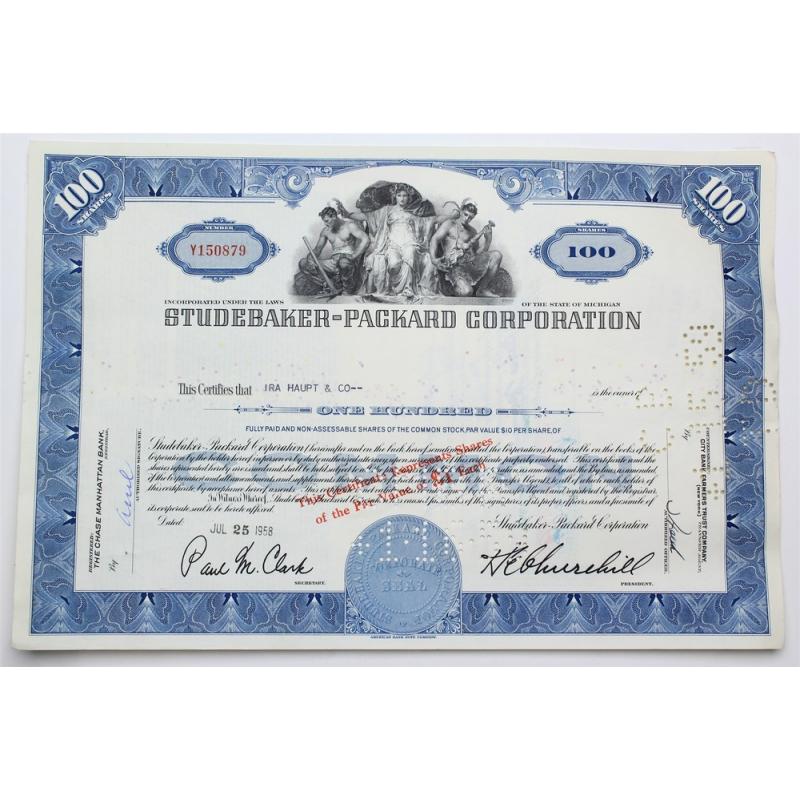 1958 Studebaker-Packard Corporation Stock Certificate - Y150879 - 100 Shares