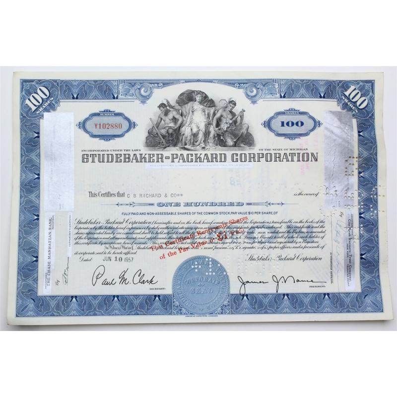 1957 Studebaker-Packard Corporation Stock Certificate - Y102880 - 100 Shares