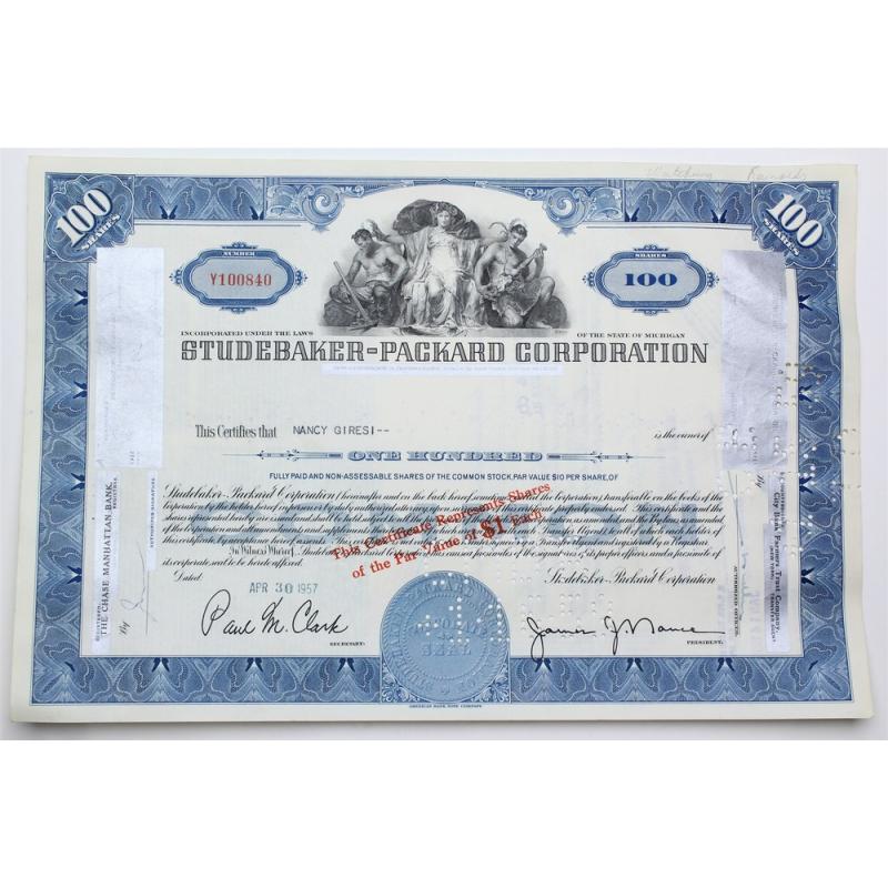 1957 Studebaker-Packard Corporation Stock Certificate - Y100840 - 100 Shares