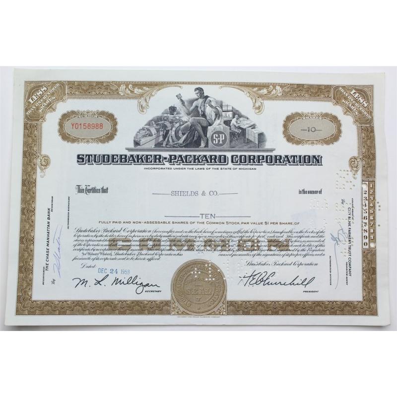 1958 Studebaker-Packard Corporation Stock Certificate - Y0158988 - 10 Shares